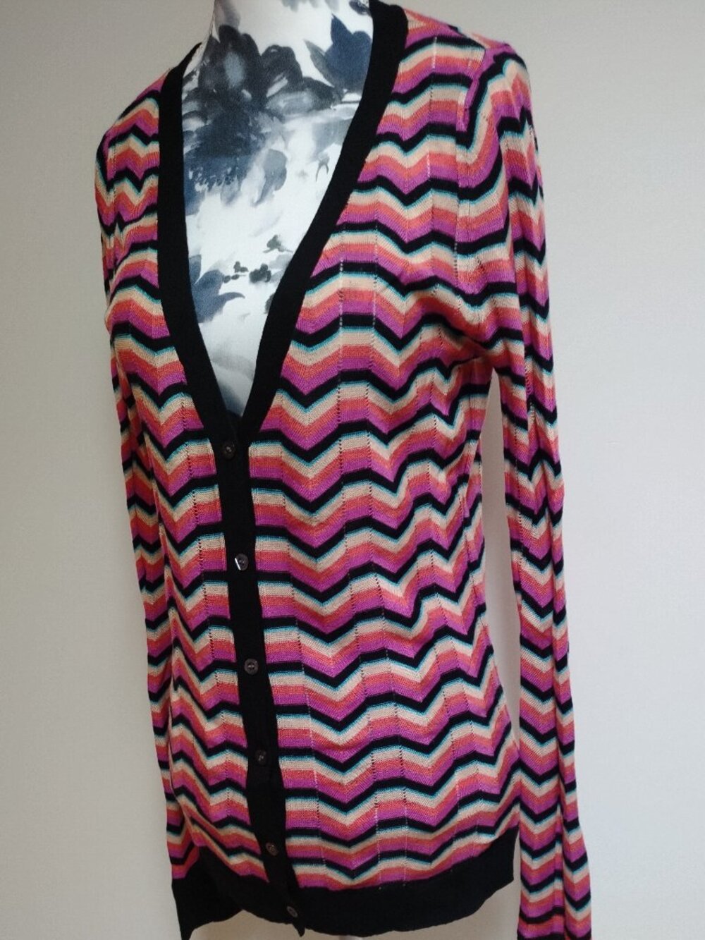 SI-IAE Silk-Cashmere Blend Multi-Colour Chevron Stripe Cardigan, XS - Picture 2 of 12